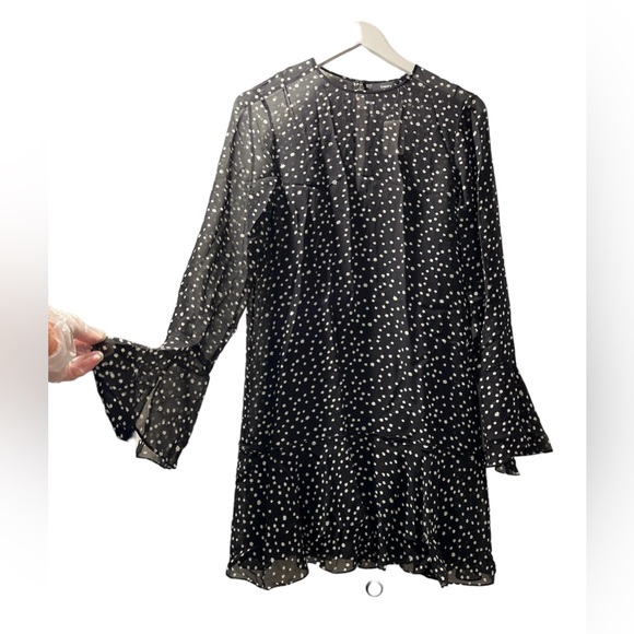 NWT Theory Marah Stat-print Black Sheer Long Bell Sleeve Silk Dress 2 MSRP: $395 - Picture 4 of 16
